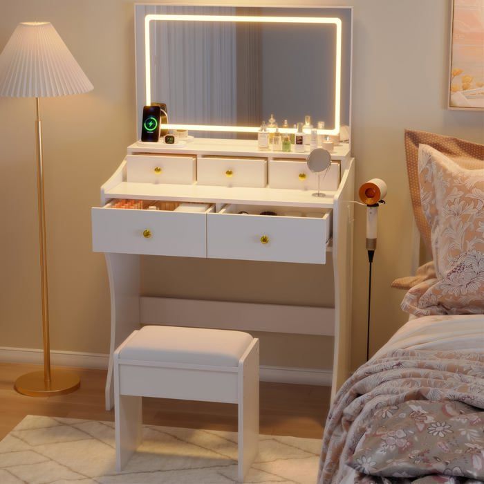 Coiffeuse LED avec miroir et chaise - 3 températures - Tiroirs - Prise - Support sèche-cheveux - Blanc - 80 × 40 × 137 cm