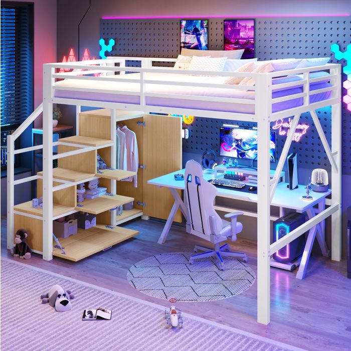 140x200cm Lit surélevé métallique avec armoires de rangement et placard éclairage LED Blanc