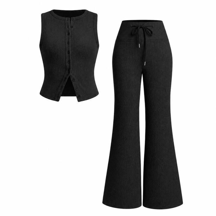 ENSEMBLE DE VETEMENTS DE SPORT Ensemble femme 2 pièces débardeur boutonné sans manches et pantalon large taille haute noir S-XXL