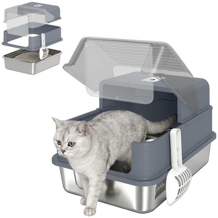 Bac à litière pour chat - PawHut - 2 en 1 couvercle pelle filtres sacs désodorisants - acier inoxydable - 48x38x34cm - gris Bac à litière pour chat - PawHut - 2 en 1 couvercle pelle filtres sacs désodorisants - acier inoxydable - 48x38x34cm - gris