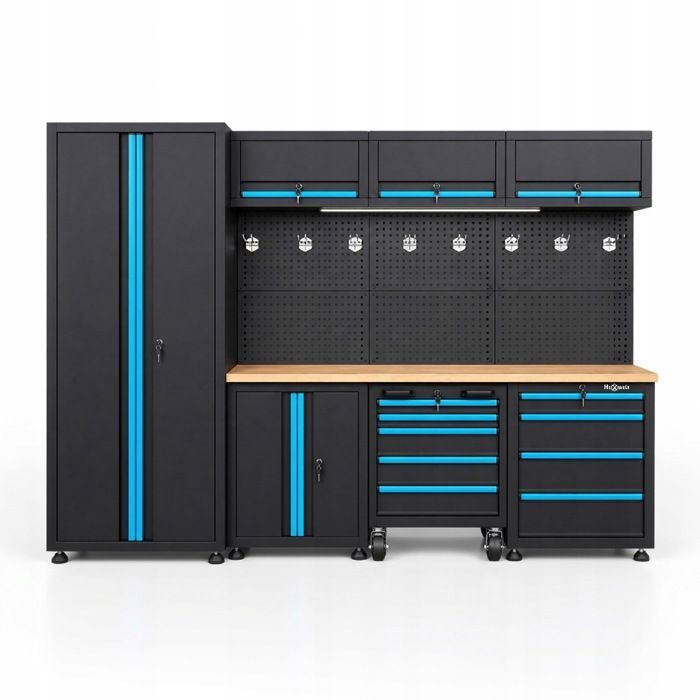 Mobilier d’atelier HEXWELT 260 cm LED 9 tiroirs Plan de travail bois HW-MW-158