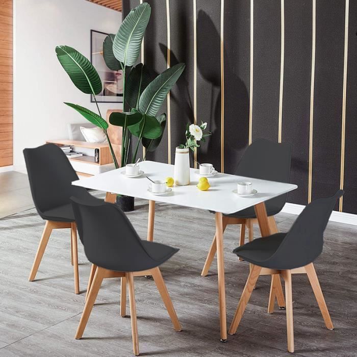 Ensemble Table Rectangulaire + 4 chaises - Style Scandinave - Blanc et Noir - pour Salle à Manger, Cuisine, Séjour, Café