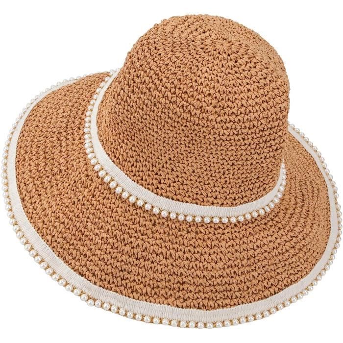 Chapeau Panama Pliable Femme - Large Bord 7cm UPF50 - Paille Naturelle Taille Unique Adjustable