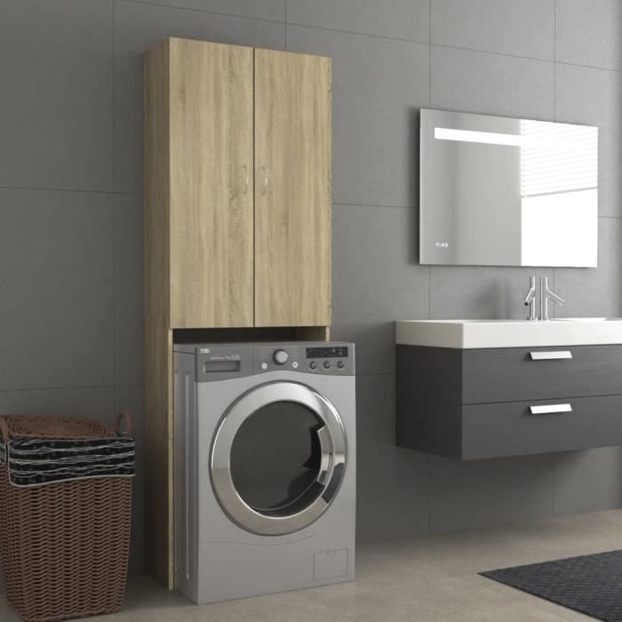 homiuse Meuble pour Machine à Laver Chêne Sonoma 64x255x190 cm 3 Spaces 2 Portes Meuble de Rangement Machine A Laver Meuble [373]