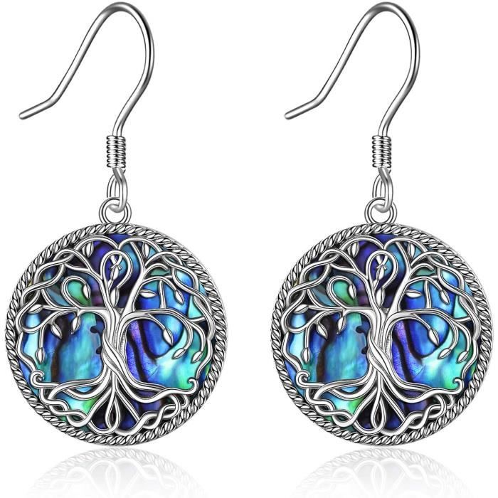Boucles d'oreilles motif arbre de vie email rose plaqué or 18 carats