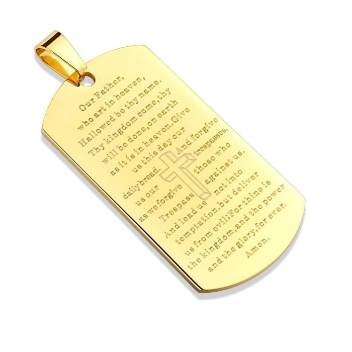 Pendentif - Acier - Plaque militaire - Gravé - Prière Notre Père - Argenté