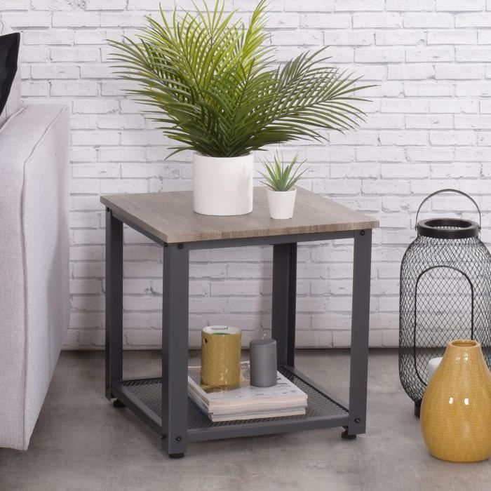 Table Dappoint Bout De Canapé Etagère De Rangement Design Industriel Plateau Finition Bois Piètement Métal Gris L40 X P40 X H45cm