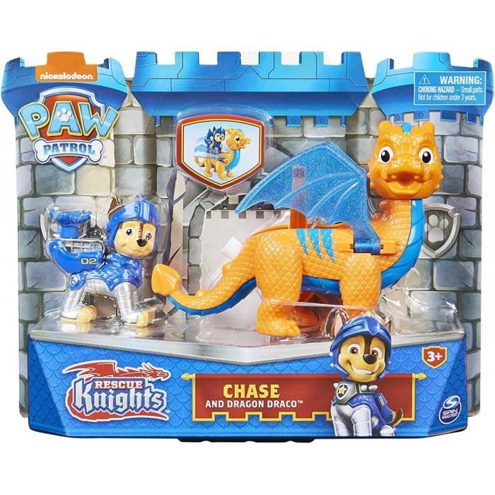 coffret pat patrouille chevalier chien chase et son dragon draco orange et bleu figurine chien chateau knights paw patrol