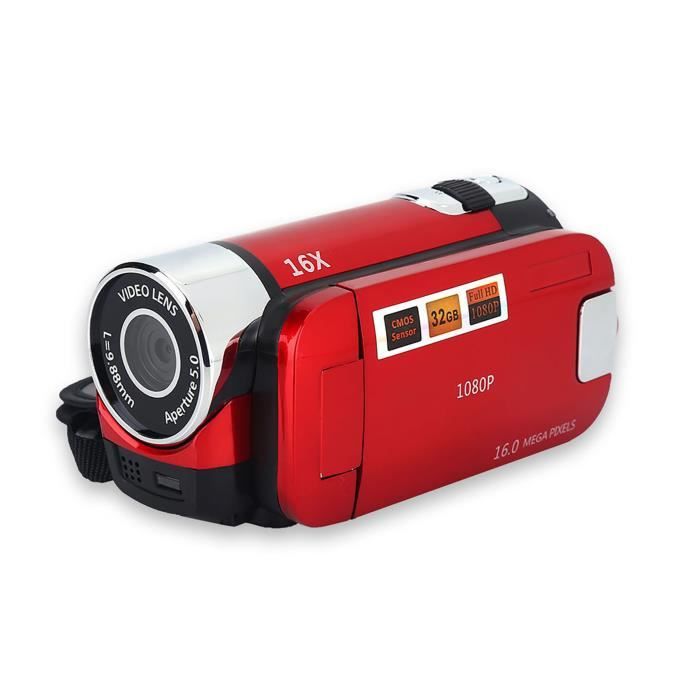 Duokon Caméscope numérique HD Caméscope numérique haute définition Full HD 270 ° Rotation 16X Caméra DV (EU Red)