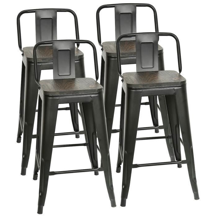ERROLVES Lot de 4 Tabouret de bar haut Noir Dossier amovible Assise en pin Structure métallique 42*42*84 cm