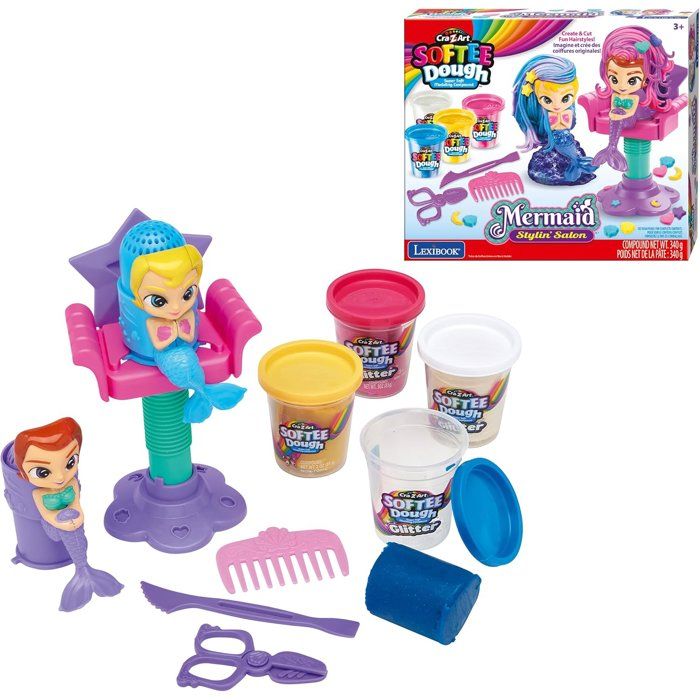 LEXIBOOK CRAZART - Salon de coiffure scintillant pour sirènes en pâte à modeler douce et malléable - Rose Blanc Bleu Jaune - 3 ans