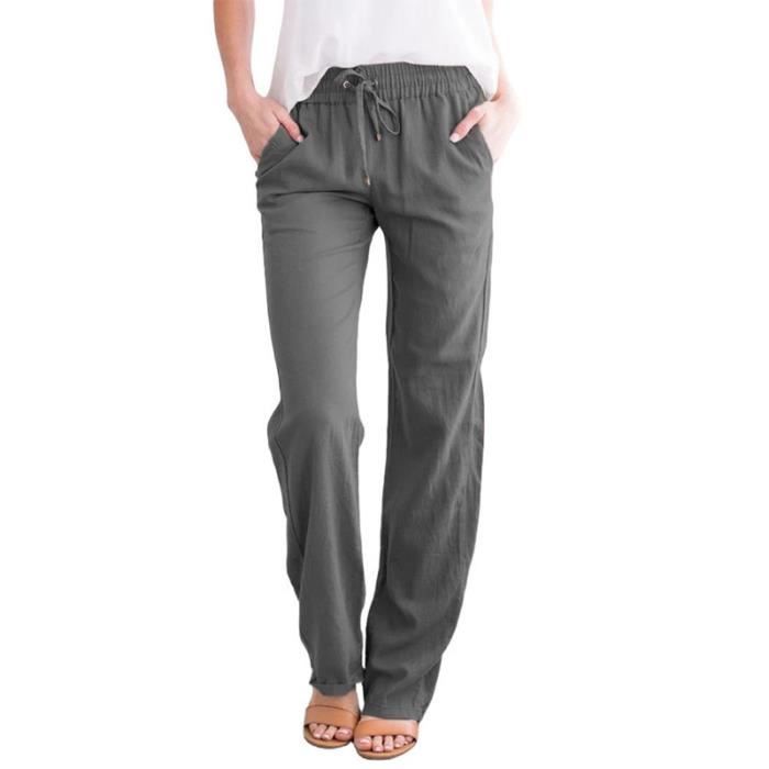 Pantalon Ample Décontracté à jambe Large en coton et Lin de couleur unie pour Femmes Gris