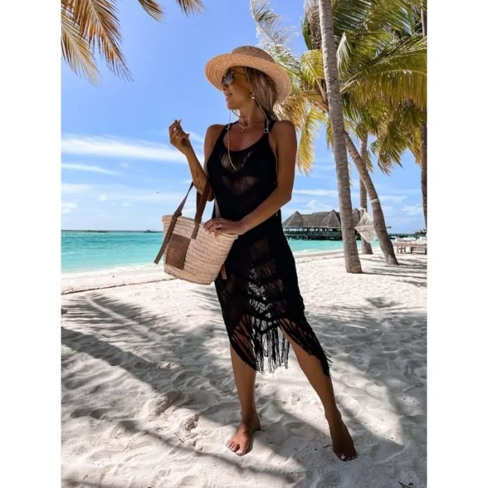 Robe Femme Crochet Polovedo Robe d ete plage Noir Bikini Cover Up Taille normale Noir Cdiscount Pret a Porter
