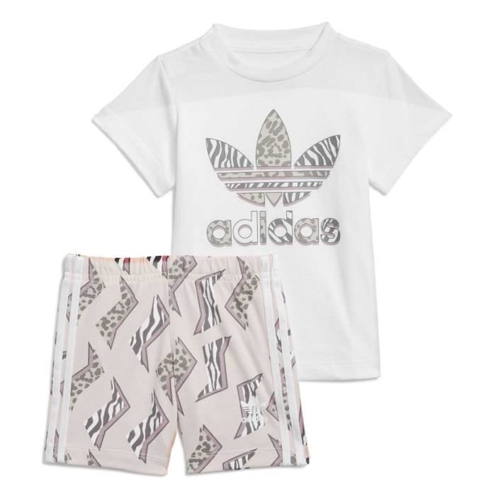 Ensemble de sport mixte Adidas - T-shirt col rond à manches courtes et short à motifs - Blanc