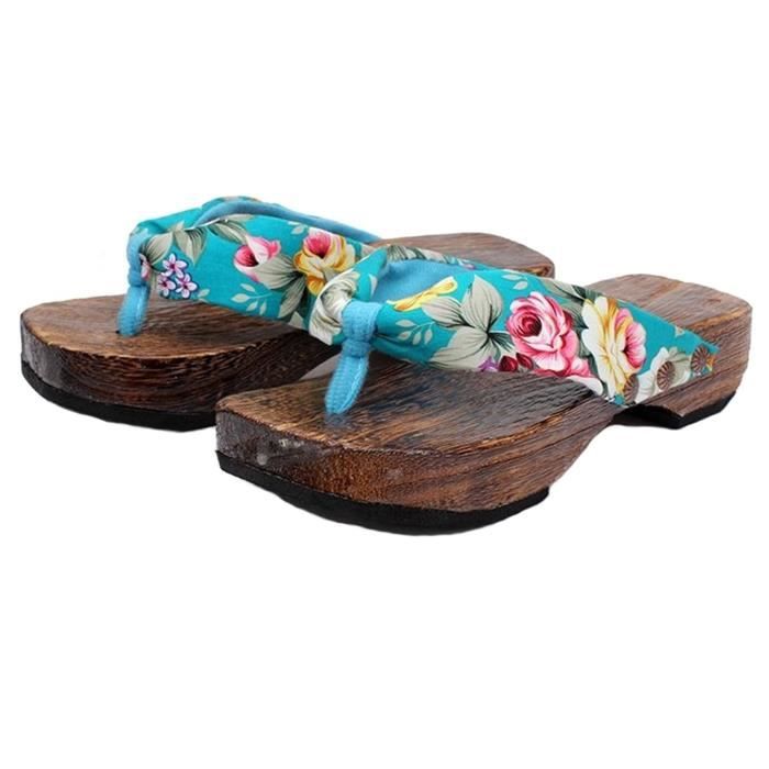Tongs / Sabots Japonais Geta En Bois Pour Homme - Tissu Multicolore Motif Vague, Style Ethnique