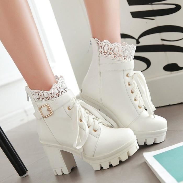 Mode femmes talon haut epais a lacets bottines plate Achat Vente Mode femmes talon haut epais a lacets bottines plate pas cher Cdiscount