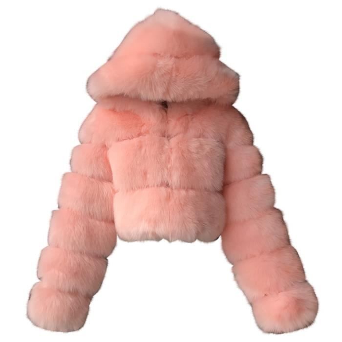 Veste courte capuche en fausse fourrure pour femme Rose Rose