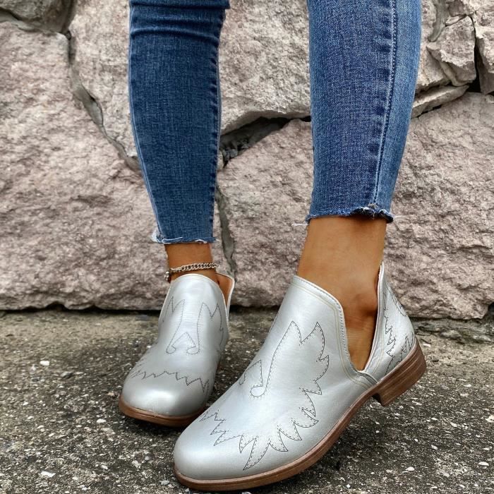 Mode femme decontractee sans lacet retro bottines courtes talons bas chaussures en cuir CCY201006078SL40 Argent Cdiscount Chaussures