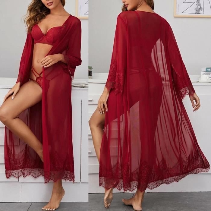 Robe de Chambre Pour Femme Dentelle Mesh Manches Longues Plage