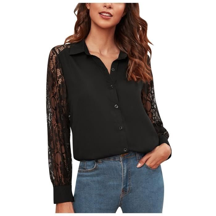 Tomwell Chemisiers Femme Dentelle Col V Tunique Haut à Manches Longues Pullover Élégant Chic Tee Shirt Casual Tops Noir XS