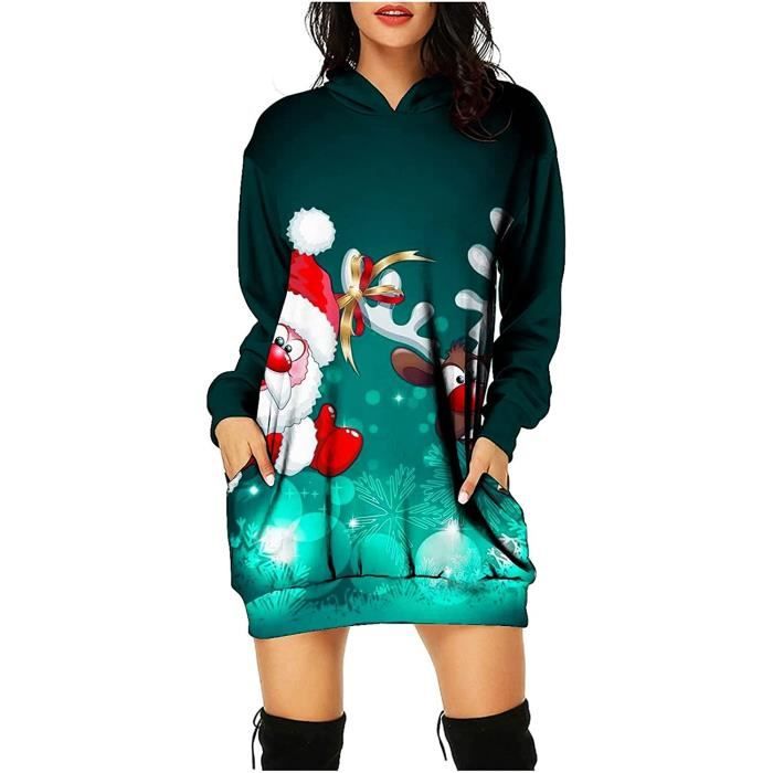 ROBE Robes de Noël pour Femmes, Robe légère à Capuche, imprimé de Noël