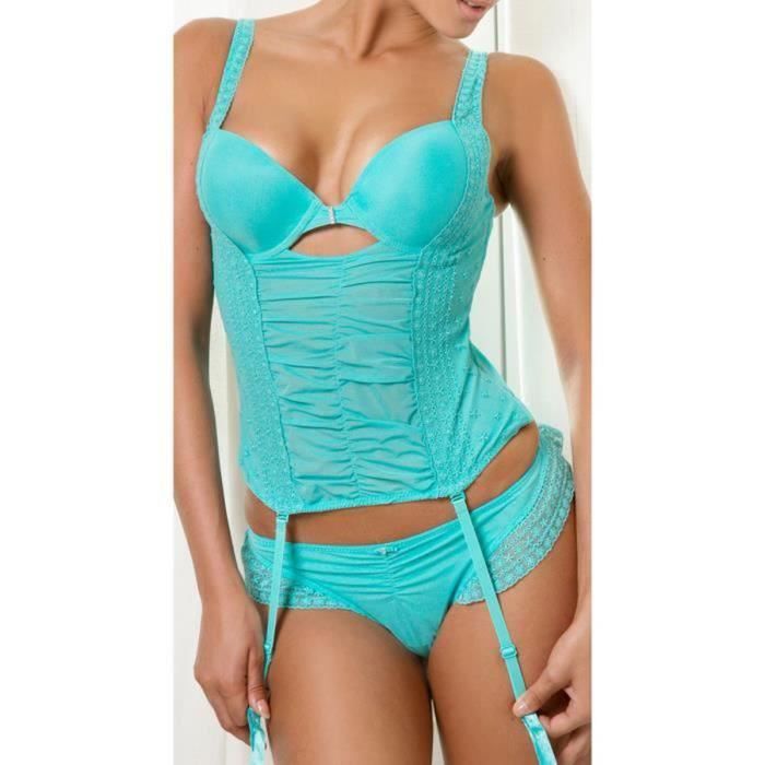 Ensemble Lingerie Guepiere Bonnet D et String Romantique Aimee L Turquoise Cdiscount Pret a Porter