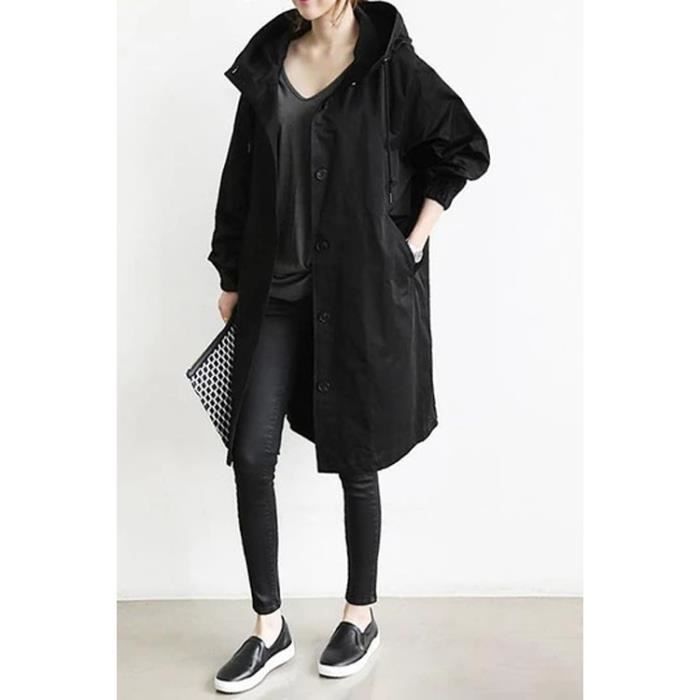 Trench-Coat Long pour Femme Trench Couleur Unie Coupe-Vent Printemps Automne Manteau à Capuche Imperméable d'Extérieur Noir