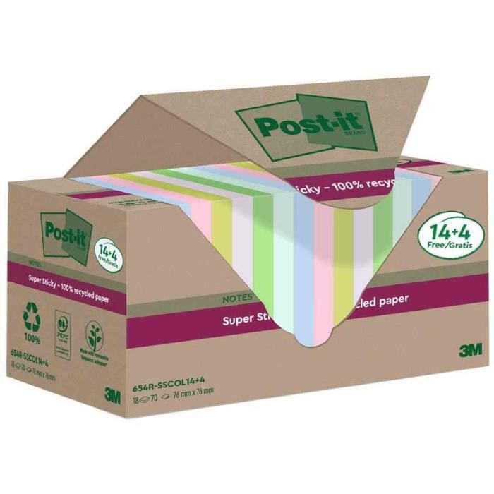 Super Sticky Recycling Notes, 18x70 feuilles, 76 x 76 mm, coloré