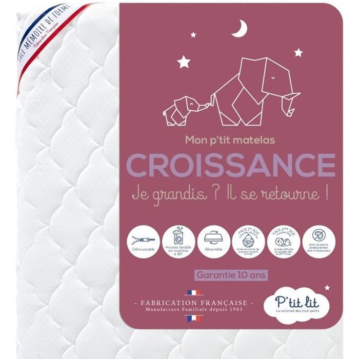 P'tit Lit - Matelas Bébé Croissance - 60x120 cm - Évolutif : 1 face Mémoire de Forme (-9 mois) / 1 face Mousse 23kg/m3 (+ 9