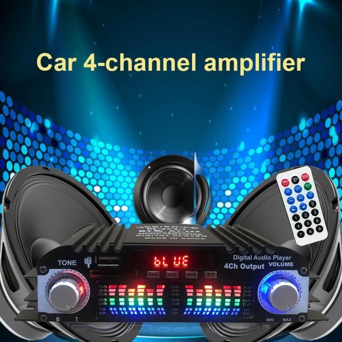 Amplificateur Audio Voiture 4 Canaux 1600W – Bluetooth, USB, Carte SD, Radio FM – Compatible Télécommande - 4