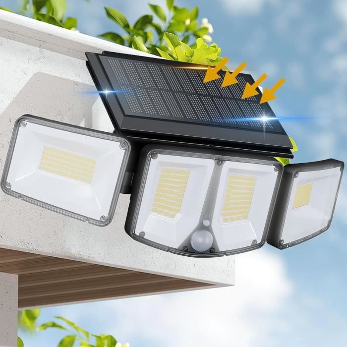 Projecteur Solaire à LED, 70 LEDs Lampe Extérieur Detecteur de Mouvement avec 3 Têtes, Étanche
