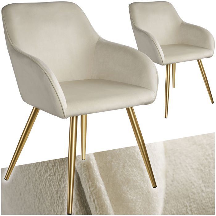 Chaise - TECTAKE - Lot de 2 chaises MARILYN en tissu style scandinave rembourrée pieds en acier doré 58 x 62 x 82 cm - Crème/Doré