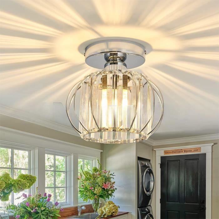 TOKIUS Plafonnier en Cristal Luminaire Moderne E27 Mini Lustre Argent Abat-jour Rond Ø18cm Lampe Plafond pour Salon Chambre