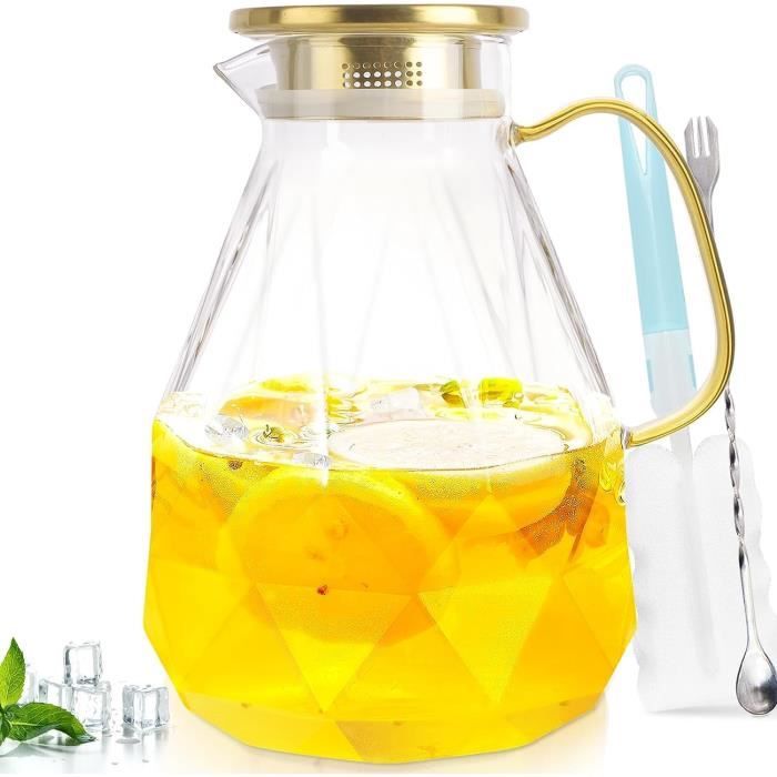 Sokhug Pichet en Verre de 2 Litres avec Couvercle et Bec Verseur, Carafe en Plastique pour Eau Chaude/froide, Grand Pichet à Thé Glacé pour Café, Jus et Boissons Maison