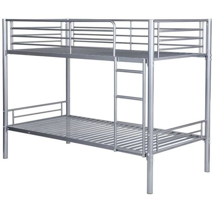 Lit superposé - Métal - Gris - 90x190 cm - 2 places - Sommier inclus