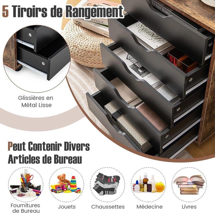 Caisson De Bureau 4 Tiroirs Yaheetech – Brun Rustique, Support Imprimante, Industriel