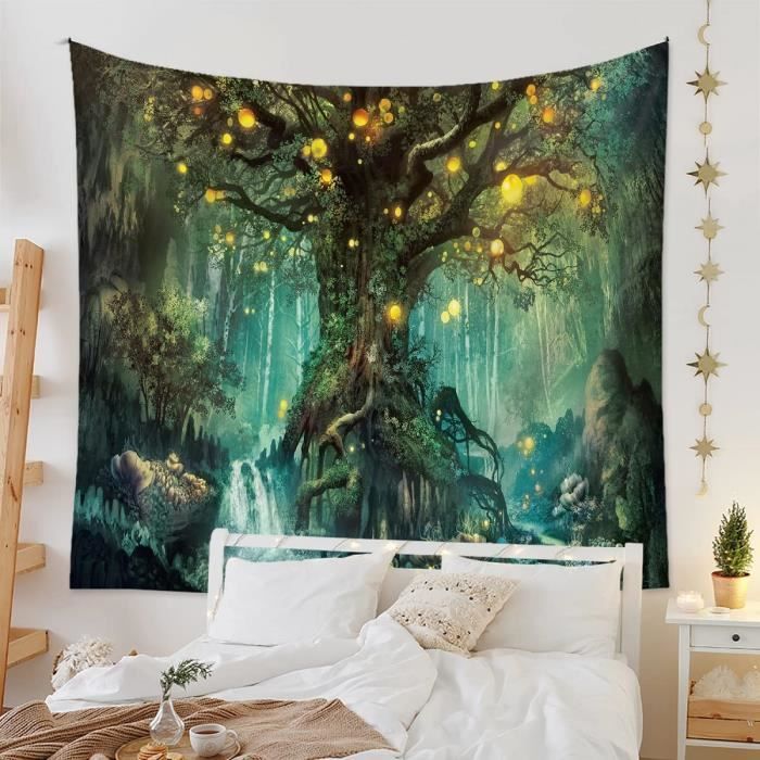 Fullfun Tapisserie Murale Forêt Brumeuse, Tapisserie D'arbre Améliorée, Tapisserie Paysage Nature Avec Lavande Pour Chambre à Coucher, Salon, Dortoir, 130 Cm X 150 Cm
