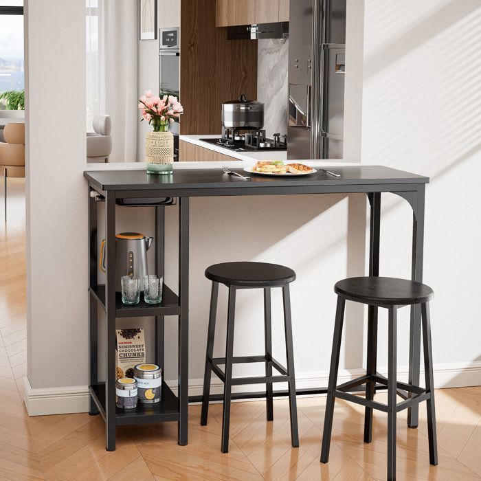 Bealife Ensemble Table De Bar Haute Avec 2 Tabourets – Table Cuisine Debout 2 Étagères + Porte-Bouteilles, Style Industriel, Gain De Place