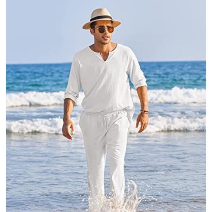 Ensemble 2 Pieces en Lin Homme Chemise et Courte Survetement Homme Ensemble Ete Chemise et Pantalons Longue pour Blanc