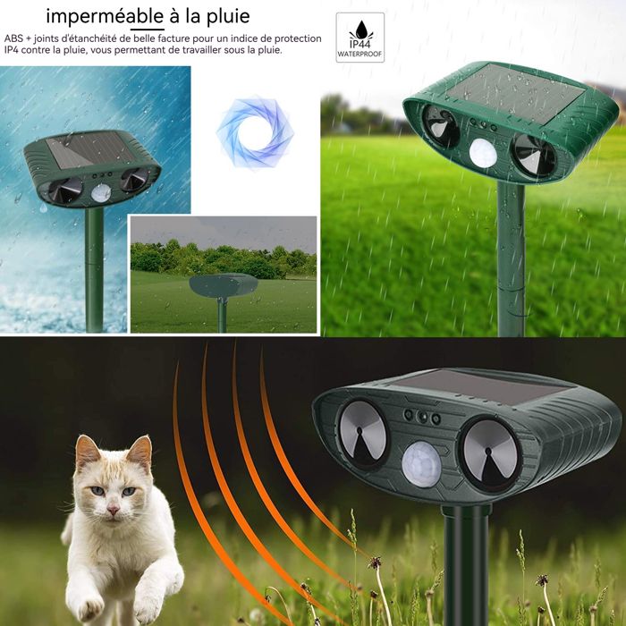Répulsif à Ultrasons Pour Chats Et Animaux – Solaire, 4 Modes, étanche IP54