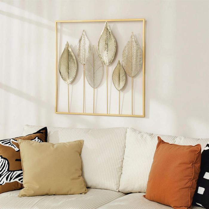 Lot De 2 Panneaux Muraux Décoratifs Métal Doré - Motif Feuilles - 40x60 Cm - Neuf