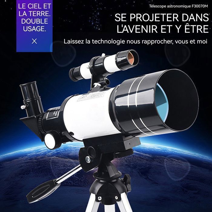 Télescope Réfracteur 70/300mm Pour Débutants - Grossissement 15x à 150x - Trépied Réglable + Support Smartphone