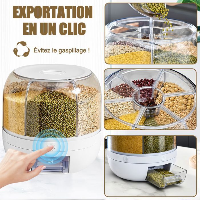 Distributeur De Céréales Rotatif 6 Compartiments - Transparent, Pour Riz, Pâtes, Stockage Cuisine