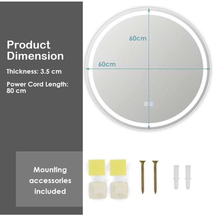 Miroir Salle De Bain Rond 60cm Avec Dégivrage Et Lumière LED 3 Couleurs - Cadre Noir Tactile