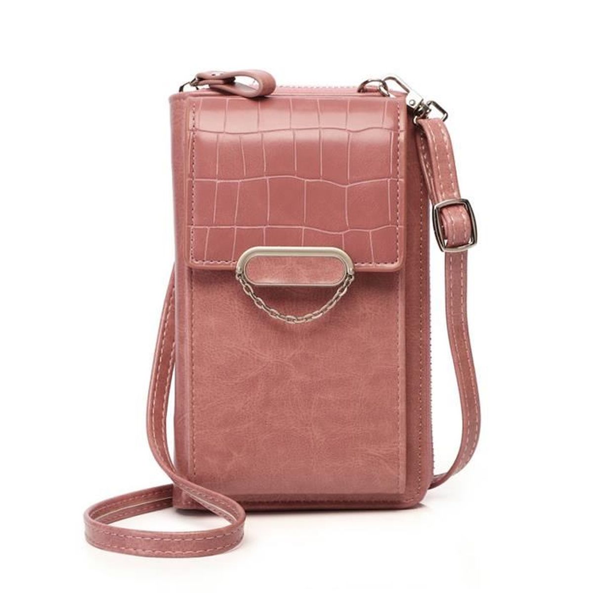 Sac à bandoulière pour téléphone portable avec portefeuille en cuir PU Pink