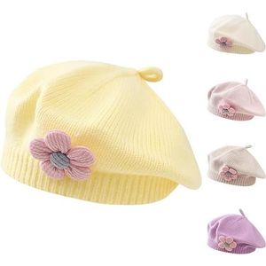 BONNET - CAGOULE Chapeau béret pour Petites Filles Bonnet Chaud pour l'hiver French Style Knit Hat Baby Cute Flower Berets Taille:45-50cm - Jaune