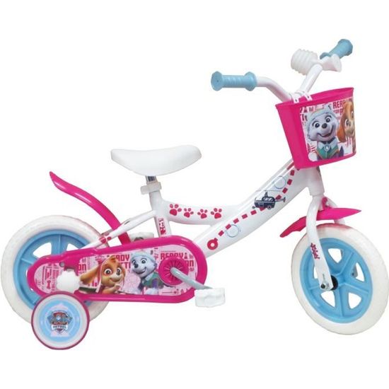 Vélo 10'' enfant Stella Pat Patrouille Fille avec panier avant, garde boue, carte, roues bâtons & 2 stabilisateurs