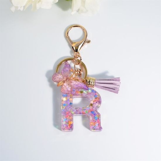 Porte-clés Personnalisé Avec Initiale En Résine Rose Et Frange Papillon - Breloque Mignonne Pour Sac Ou Clés De Voiture