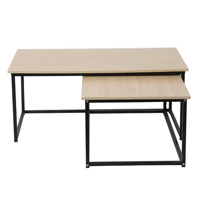 Lot de 2 Table Basse Rectangulaire Gigognes design industriel en Bois et Métal Noir- L113xL60CM et L100xL60CM