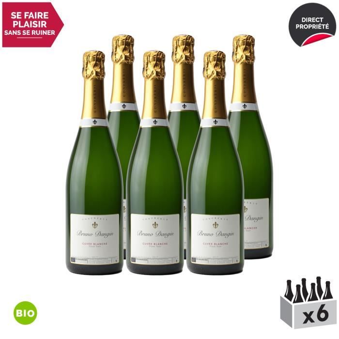 Crémant de Bourgogne Cuvée Blanche Brut Blanc - Bio - Lot de 6x75cl - Bruno Dangin - Vin effervescent AOC Blanc de Bourgogne -